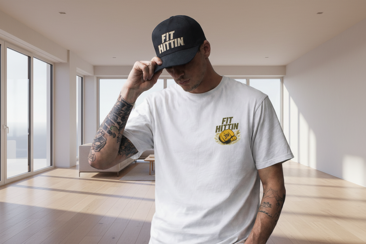 Person wearing a white t-shirt, black shorts, and black cap with 'Fit Hittin' branding on a gray background.